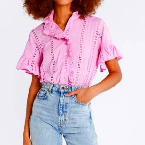 MILLE Vanessa Eyelet Floral Ruffle Top in Bubblegum Pink S NWT